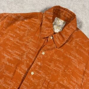 Tasso Elba Shirt Mens L Orange Island Silk Linen Wave Print Short Sleeve Button
